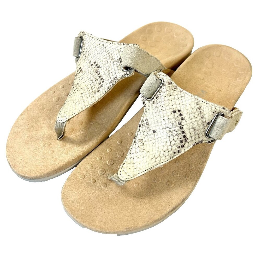 Vionic Thong T Strap Sandals Wanda Embossed Snake Print Beige Nude Comfort 11